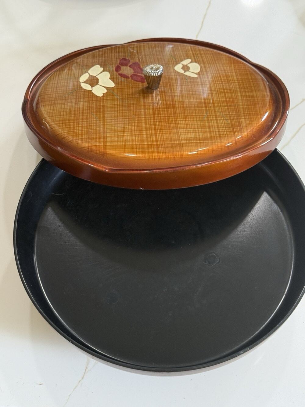 Vintage Japanese Floral Lacquer Ware 3 Piece 11" Lazy Susan Serving Tray Lid